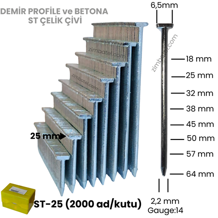 ST-25 ÇELİK T ÇİVİ (2.000 ad.) Beton çivisi, demir profile çakar
