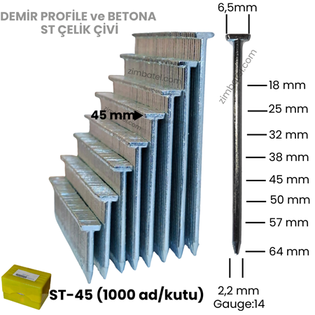 ST-45 ÇELİK T ÇİVİ (1.000 ad.) Beton çivisi, demir profile çakar