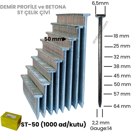 ST-50 ÇELİK T ÇİVİ (1.000 ad.) Beton çivisi, demir profile çakar