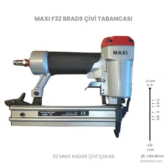 MAXI F32 Ga 18 Brad Mini Başlı Havalı Çivi Çakma Tabancası 1,00x1,25 mm çivi çakma