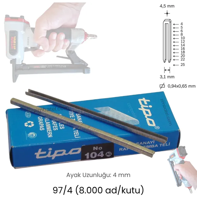 104 ( 93/4, 97/4 ) 4 mm TİPO ZIMBA TELİ (8.000 ad.) Avrupa Galvaniz Yüksek Mukavemetli