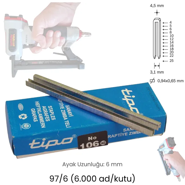 106 ( 93/6, 97/6 ) 6mm TİPO ZIMBA TELİ (6.000 ad.) Avrupa Galvaniz Yüksek Mukavemetli