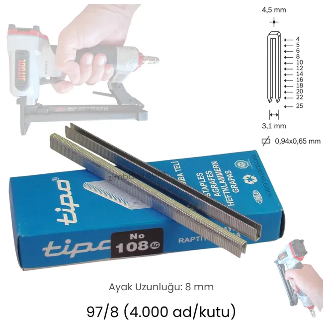108 ( 93/8, 97/8 ) 8mm TİPO ZIMBA TELİ (4.000 ad.) Avrupa Galvaniz Yüksek Mukavemetli