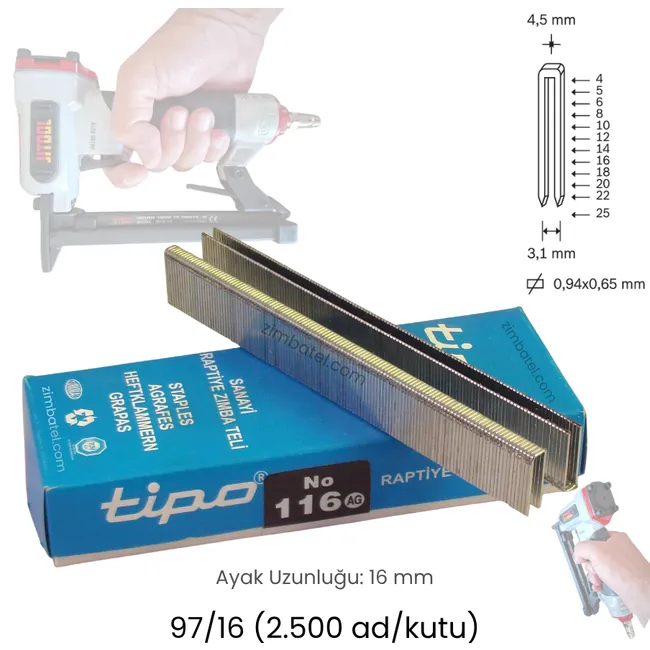 116 (93/16, 97/16) TİPO ZIMBA TELİ (2.500 ad.) Avrupa Galvaniz Yüksek Mukavemetli 16mm