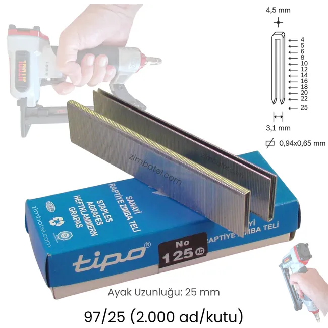 125 (93/25, 97/25) TİPO ZIMBA TELİ (2.000 ad.) Avrupa Galvaniz Yüksek Mukavemetli 25mm